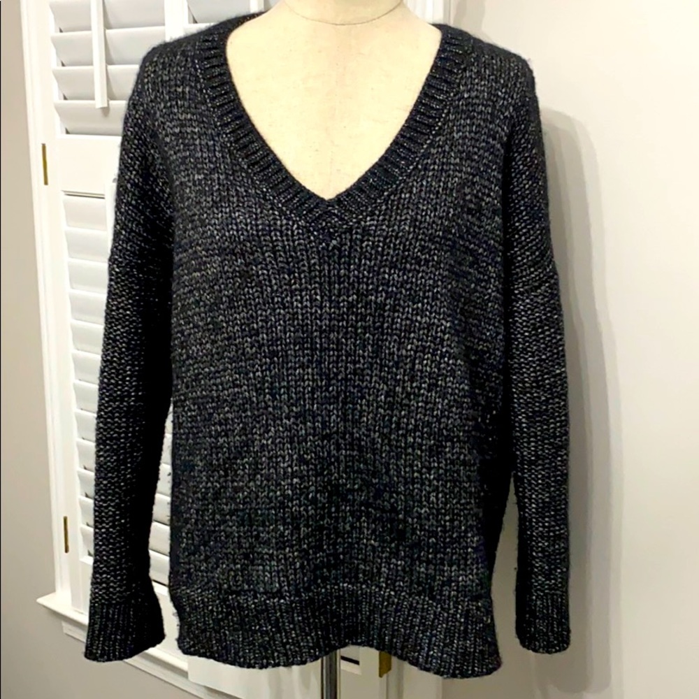 Vince V-neck Black/Silver Wool/Silk Sweater SZ L